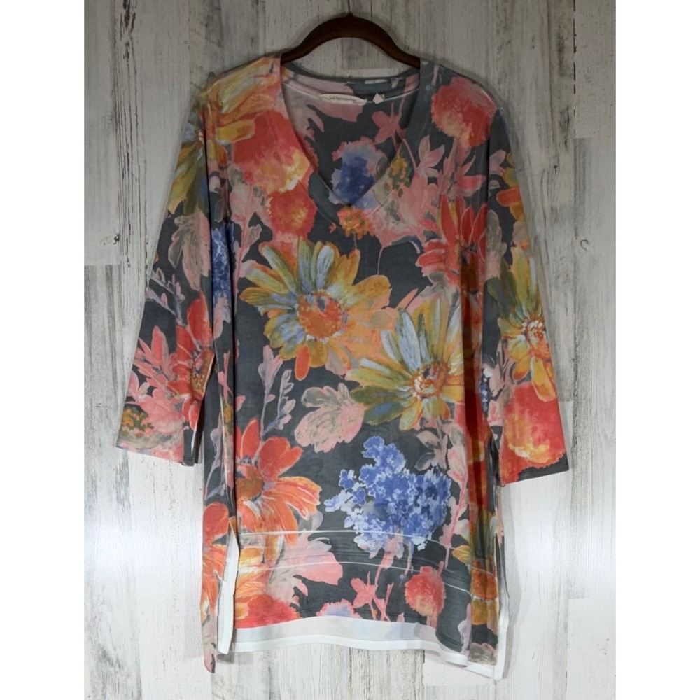 Soft Surroundings Tunic Sweater‎ Large Multicolor Floral V-Neck 3/4 Sleeve